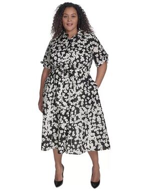 NWT Calvin Klein Cotton Floral Tie-Cuff Shirtdress - size 18W